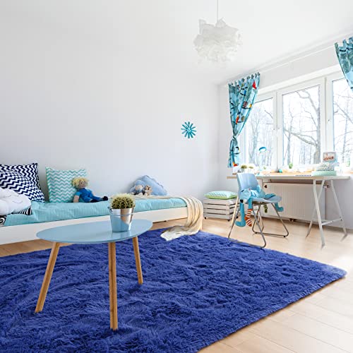 Noahas Fluffy Bedroom Rug Plush Fuzzy Rugs For Kids Room Living Room, Soft Shaggy Nursery Rug Furry Floor Carpet Modern Indoor Bedroom Decor Cute Boys Girls Room Rug, 4X5.3 Feet, Light Navy #TOP5