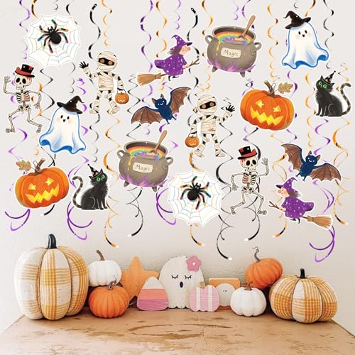 Image of Halloween Hanging Party Decorations, 48 Pcs,Ceiling Decor Indoor Swirl Witches Cauldron Ghost Pumpkin Skull Cat Witch Party Supplies Sign,Black Purple Orange
