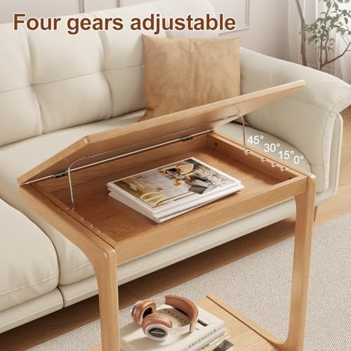 AQIMUELE Wooden C-Shaped End Table,Couch Table with Adjustable Desktop,Small Rolling Side Table with 2 Lockable Wheels 23.6" Width,Small End Table for Couch, Living Room,Bedroom (Natural) - 1