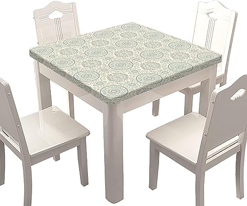 SongYi Elastic Edge Fitted Polyester Tablecloth Square, Vintage Pattern Home Decorative Table Cover, Washable Tablecloths for Kitchen Living Room BBQ Picnic Use, Fits 36