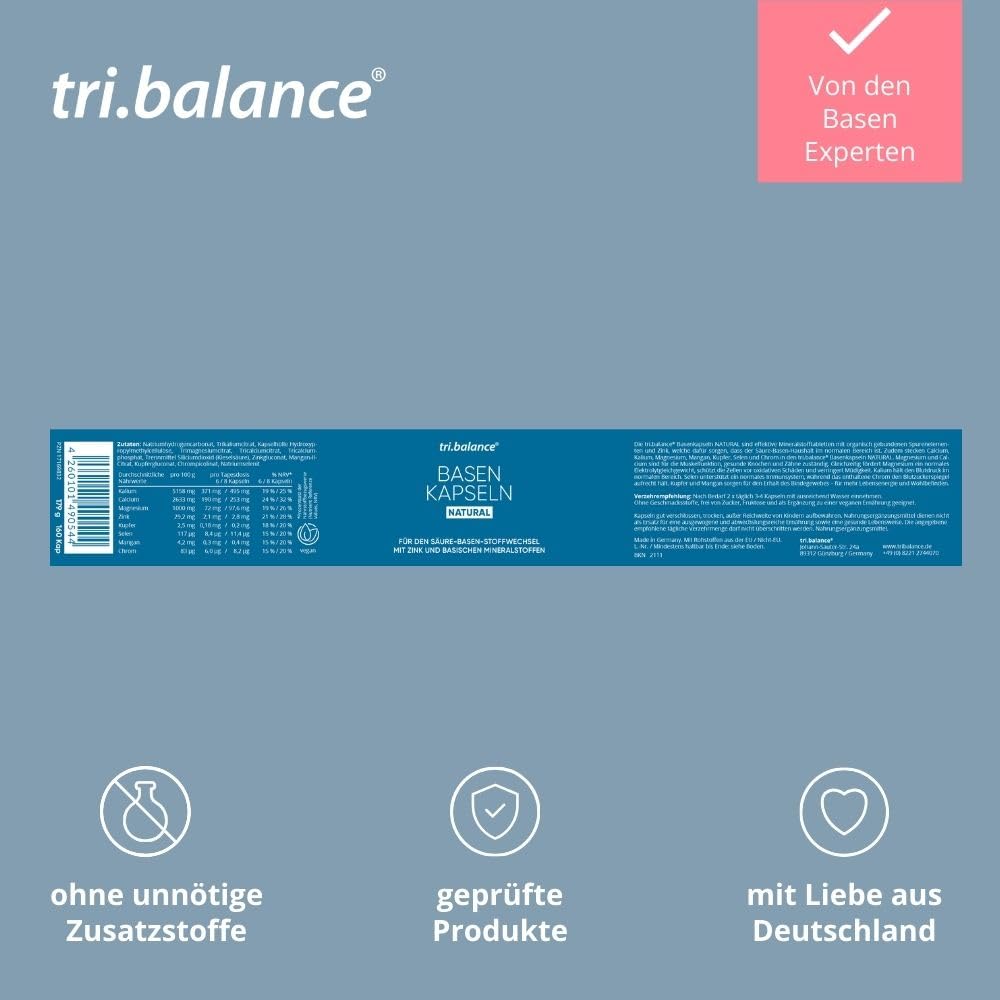tri.balance Basenkapseln NATURAL 4er-Pack 640 Kapseln – mit Zink | 640 Kapseln mit basischen Mineralstoffen und veganer Kapselhülle; Zink trägt zu einem normalen Säure-Basen-Stoffwechsel bei