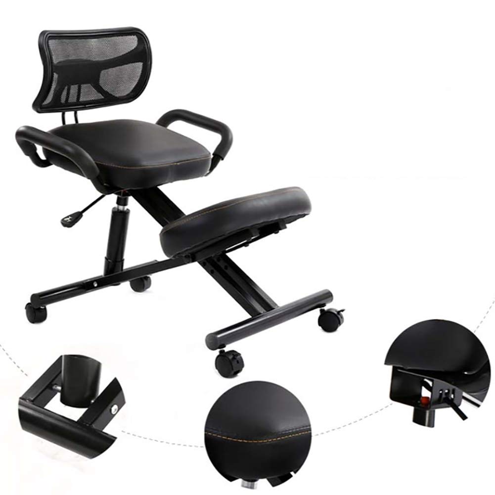 Ergonómico Silla De Rodillas, Gruesas Asiento Almohadilla con Asiento Trasero Ortopédico Manual Ajustar Rolling Ajustable Taburete para Una Mejor Postura.-Black PU Faux Leather