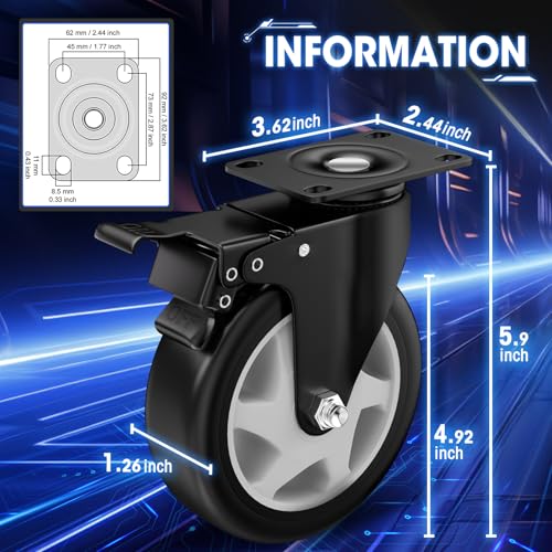 Image of 5 Inch Caster Wheels, Casters Set of 8, ASHGOOB Casters with Brake Heavy Duty, Industrial Locking Swivel Top Plate Castor Wheels for Workbench /Furniture /Cart. （AB Switch, Double Pedal Brake