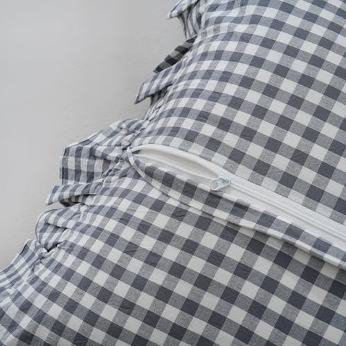 Grey/White Plaid Ruffled Checkered Body Pillow Sham 20x54 inches 1 Piece, Washed Cotton Vintage Farmhouse Bed Body Pillow Cover for Bed/Sofa