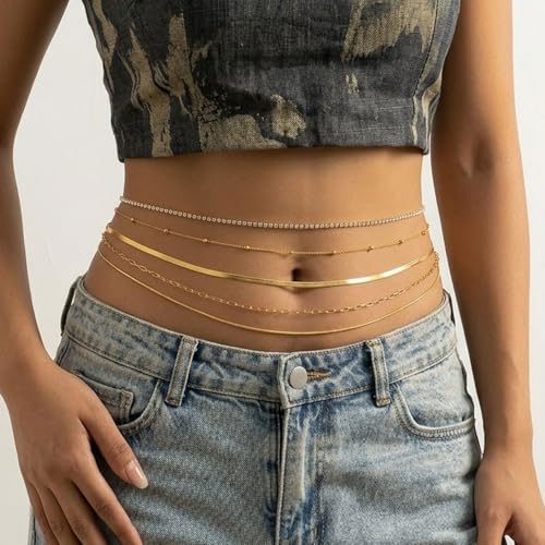 Image of VAMA FASHIONS 18K Gold Plated Belly Chain Anti Tarnish Adjustable Waist Hip Belt Beads Herringbone Saree Kamarbandh Beach Body Chain Combo Jewelry for Women & Girls