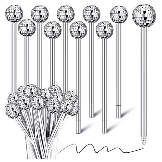 18 Pcs Black Ink Pens with Disco Balls 1970s Disco Mirror Ball Bling Metal Pens Funny Pens Design School Supplies for Kids Teens Adult Home Office Stationery Store Disco Party Favors