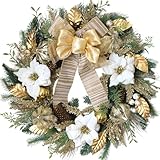 idyllic Christmas White Gold Poinsettia Wreath 22 Inches - Elegant Floral Christmas Wreaths for Front Doors with Metallic Accents, Winter Door Wreath, Perfect for Walls & Mantels