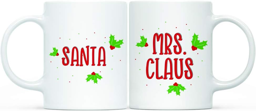 Andaz Press 11oz. Funny Christmas Coffee Mug Gag Couple Gift, Santa, Mrs. Claus, 2-Pack, Office Coworker Family White Elephant Gift Ideas Under $10 or $15, Wedding Engaged Bridal Shower Gift