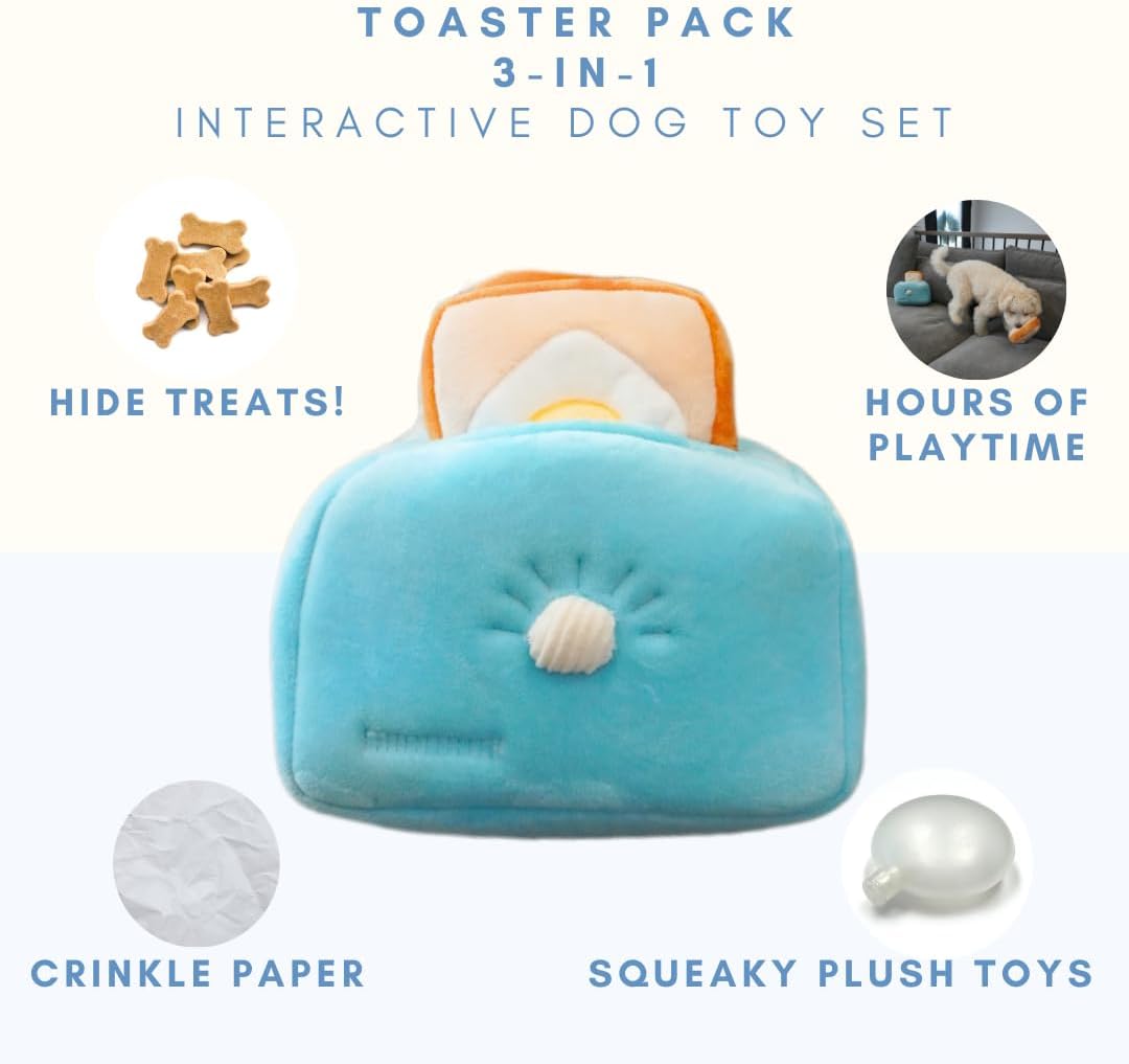 Interactive Squeaky Plush Dog Toy, 3-in-1 Toaster Set for Small, Medium, Large Dogs – Hide and Seek Crinkle Toy, Mental Stimulation & Teething Toy