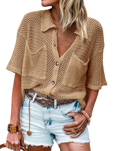 Fisoew Womens Crochet Lightweight Cardigan Sweaters Short Sleeve Summer Button Down Collared Loose Cover Up Shirts