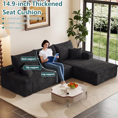 Image of 95 inch Modular Sectional Couch, Boneless L Shaped Cloud Sofa with Chaise Lounge, Corduroy Upholstered Couches Memory Foam Deep Seat, No Assembly Required, Ideal for Living Room(Black, Right Facing)