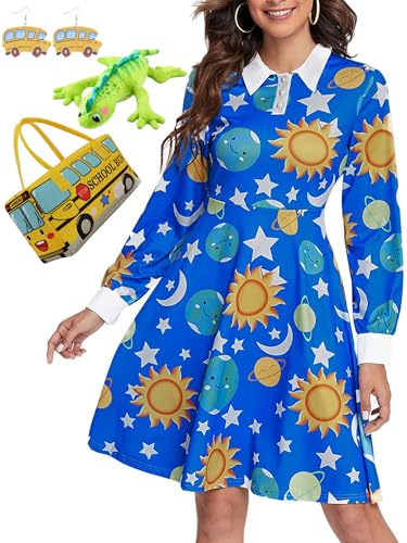 PHIXWORLD Womens Long Sleeves Peter Pan Collar Planet PriHHFFFfnt Dress for Teacher Costume Halloween Blue Large PH210-9-L