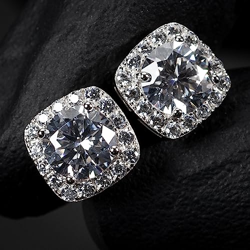 Men's Women's Square Halo Brilliant Sterling Silver Iced Elegant Cz Cube Shape Hip Hop Stud Screw Back Earring Round Circle 5A Cubic Zirconia Unisex Small 10mm Earrings Jewelry Gift For Men Women3