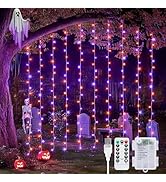 JMEXSUSS 200 LED Orange & Purple Halloween Curtain Lights Battery and USB Operated with Remote, 8...