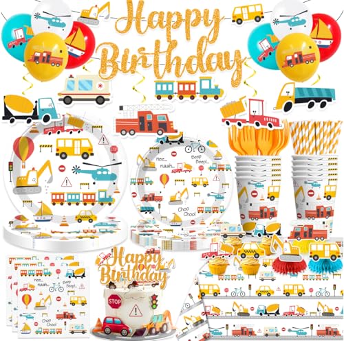 191Pcs Transportation Birthday Decorations Tableware Set Serves 25 Guests, Cars