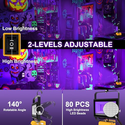 Image of Portable LED Black Lights, Cordless Blacklight Compatible with Dewalt 20V Battery, 395nm Ultraviolet Flood Light with 140 Adjustable, USB & Type C Charging Port for Glow Party Stage (4 Pack)
