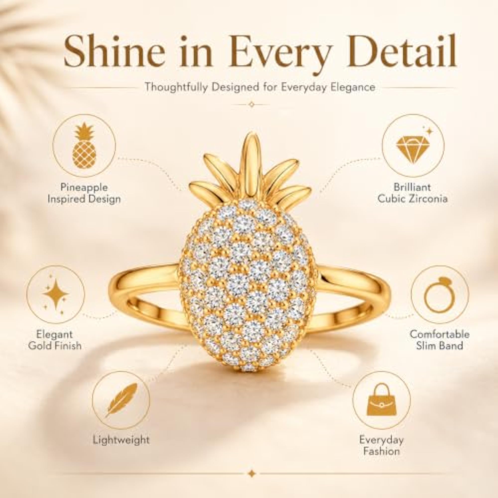 Pineapple CZ Ring in 925 Sterling Silver, Gold Finish