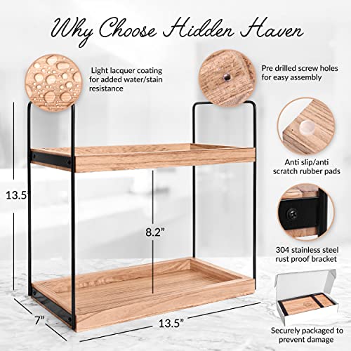 Hidden Haven - Upgraded - 2 Tier Wooden Countertop Organizer Lightly Lacquered To Resist Water And Stains - Multi-Use Organizer - Bathroom Organizer, Kitchen Organizer (Natural Wood) #TOP3