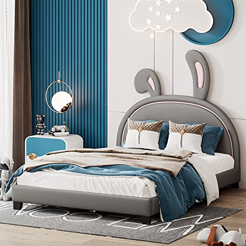 Merax Children Rabbit-Shaped Platform Bed, Wooden Upholstered Leather Bedframe, No Box Spring Needed, Full Size, Grey