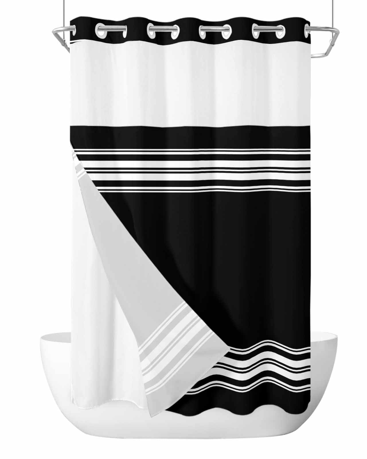 TYTYUU No-Hook Striped Shower Curtain Set - Black & White Farmhouse, 71x74 Inch, With Snap-in Liner