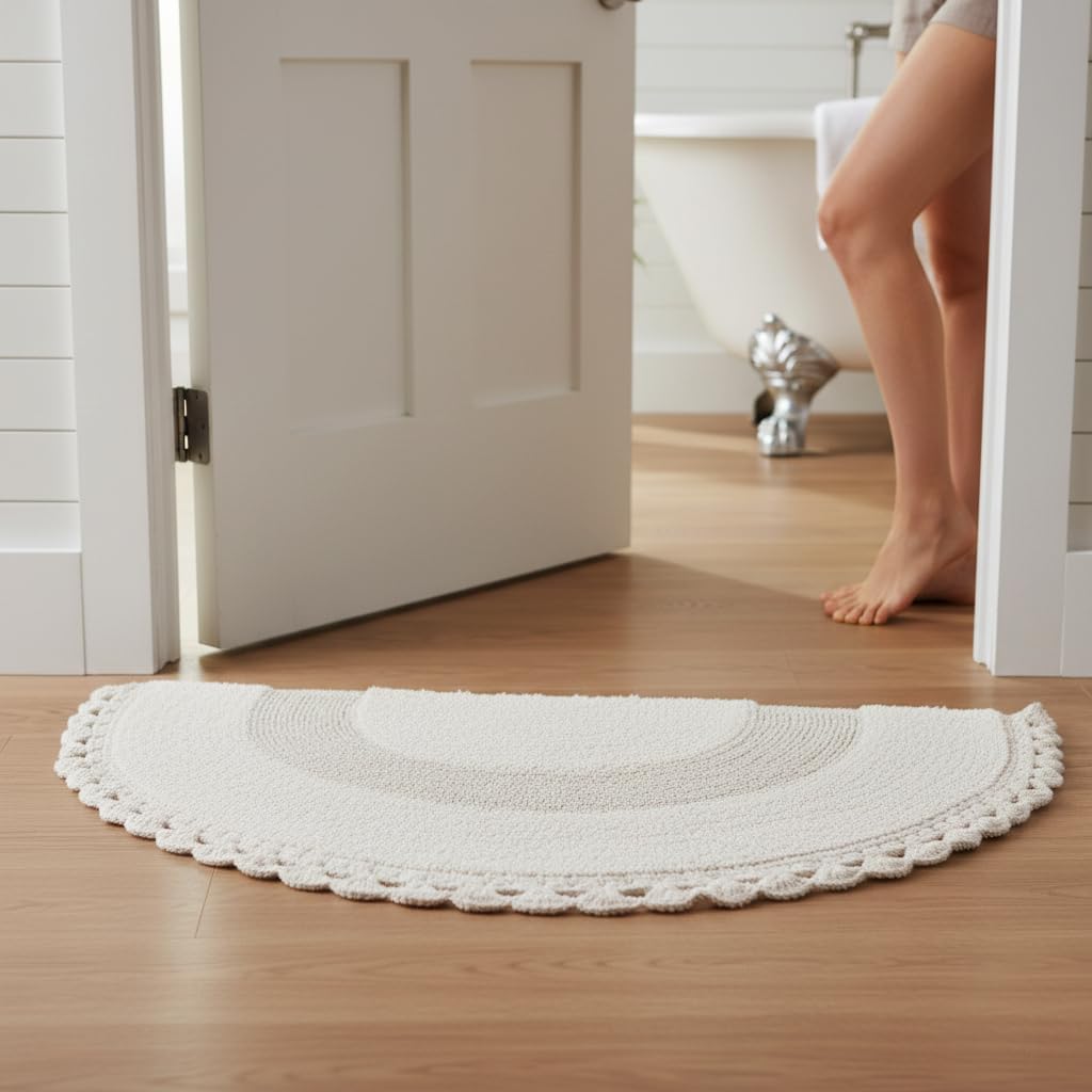Savi Home Half Circle Bohemian Bathroom Rug with Handwoven Chrochet Border, Beautifully Handcrafted 100% Cotton Mat - 22x42, Round Boho Bedroom Rug, Boho Bathroom Décor, Machine Washable - Beige