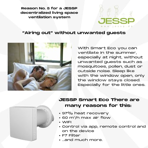 JESSP Eco Smart DZ Wohnraumlüftung – Luftfeuchte-gesteuert, 97 % Wärmerückgewinnung, WLAN, F7-Filter, Ø160 mm, 60 m³/h, leise ab 11,2 dB, Energieklasse A, 5 Jahre Garantie, für Wandstärken bis 470 mm
