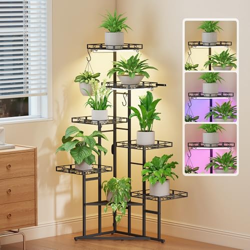Image of Quikraen Plant Stand Indoor with Grow Lights, 46 inch Tall Lighted Corner Plant Shelf for Indoor Growing, 7-Tier Multiple Metal Large Flower Holder, Plant Rack for Home Decor, Patio (Black)