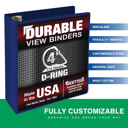 Image of Samsill Durable 4 Inch Binder, Locking D Ring Binder, Customizable Clear View Cover, Dark Blue, Holds 775 Pages
