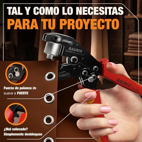 Miniatura 2 de Baurix Alicate Para Ojales Con 200 Ojetes De Metal Ø10mm Perforación Automática Sin Troquelado Previo Para Lonas, Telas, Cuero Y Textiles Ideal Para Bricolaje Y Costura - Talos