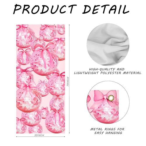 MKIJUHB Pink Coquette Bow Disco Ball Door Cover, Trendy Preppy Girly Decoration Doorway Door Curtains Banners Backdrop Background Decor for Girls Bedroom, Indoor Outdoor Decorations, 35 * 79 Inch by MKIJUHB - Used condition - Image 2