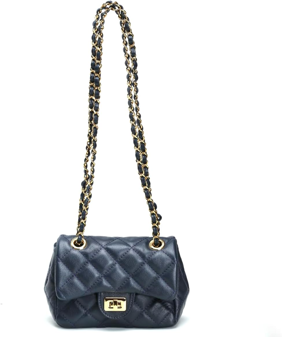 Bolsa Cosenza Feminina Mini Bag, Couro Legítimo Matelassê, Alça Corrente