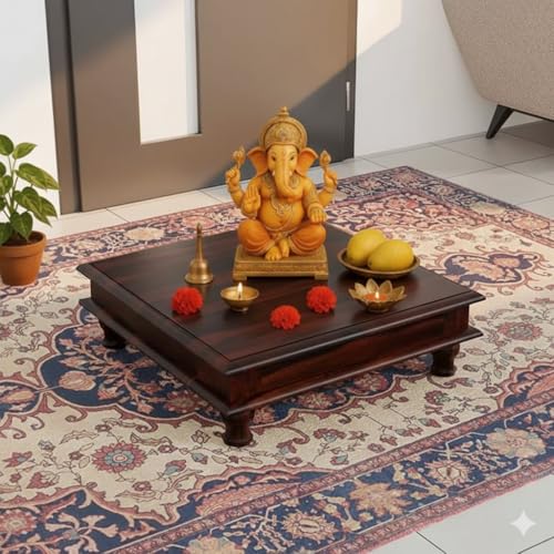 Image of Solid Sheesham Wood Pooja Chowki for Home & Mandir | Wooden Chowki Table for Living Room, Hall & Office | Traditional Low Height Wooden Table for Pooja Room, Coffee & Dcor | Walnut Finish