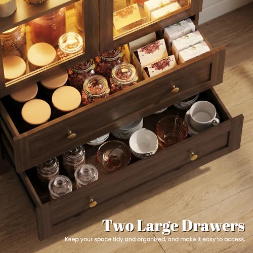 Image of Pamapic Arched Kitchen Pantry Cabinet, 71 inch Tall Arched Cabinet with LED Light & Glass Doors, Farmhouse Kitchen Storage Cabinet with 2 Large Drawers, Wooden Pantry for Dining Room, Living Room (Brown)