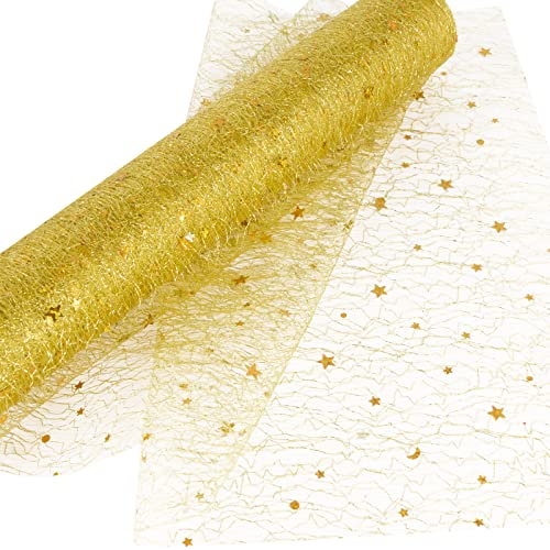 5Yardas *30cm Rollo Tul Dorado con Estrellas Organza Oro para Decoración Navidad Fiesta Manualidades Falda Malla