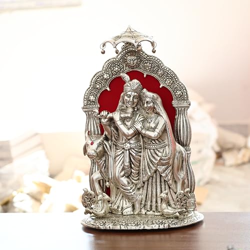 Image of KridayKraft Metal Radha Krishna Idol with Cow Decorative Showpiece Statue for Puja Room Home Office Desk Gift Items Ornate Metal Sculpture of Hindu Deities (Silver, Height 33 CM)