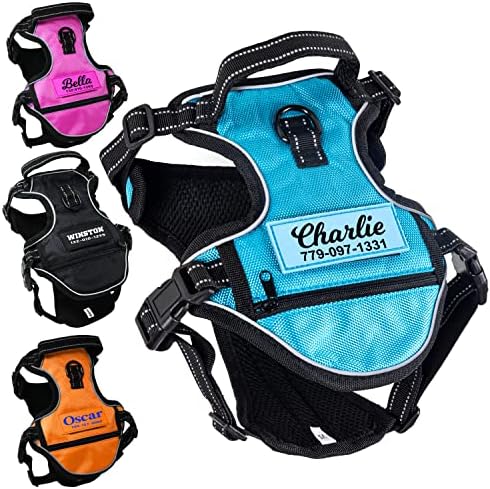 PAWBLEFY Personalized No Pull Dog Harness – Custom with Name and Number with Reflective Stiching, Easy Control Handle, 2 Leash Front Back Clips for Easy Walk for Small, Medium, Large Size Puppy Dogs