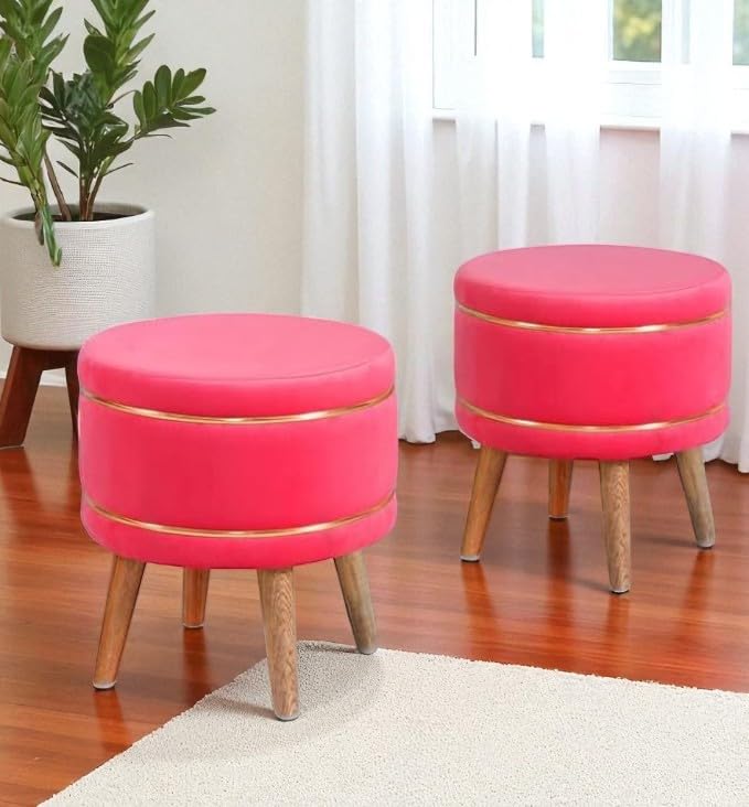 Image of Ottoman Stool for Living Room Foot Rest | Velvet Small Ottoman Foot Stool | Solid Wood Legs | Footstool Puffy for Home, Bedroom & Makeup Table | 16x16x18 Inch, Set of 2 (BabyPink)