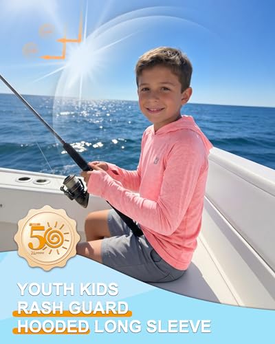 Image of Roadbox Boys Rash Guard UPF 50+ Sun Hoodie Kids Fishing Shirt Long Sleeve