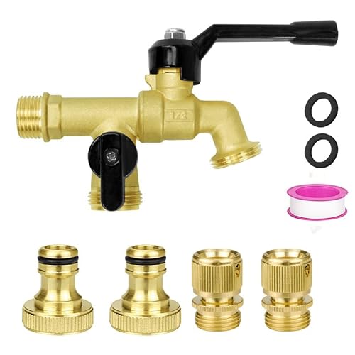 Tmok Double Taps Outdoor Water Garden Faucet 1-2 X3-4 X3-4 Double Outlet Faucet,2 Way splitter With Garden Hose Quick Connecetor,teflon taps,rubber washer for Outdoor Garden Irrigation Washing