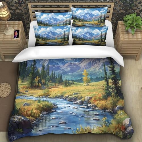 Housse de couette montagne 3D anti-acarien parure lit microfibre fermeture éclair