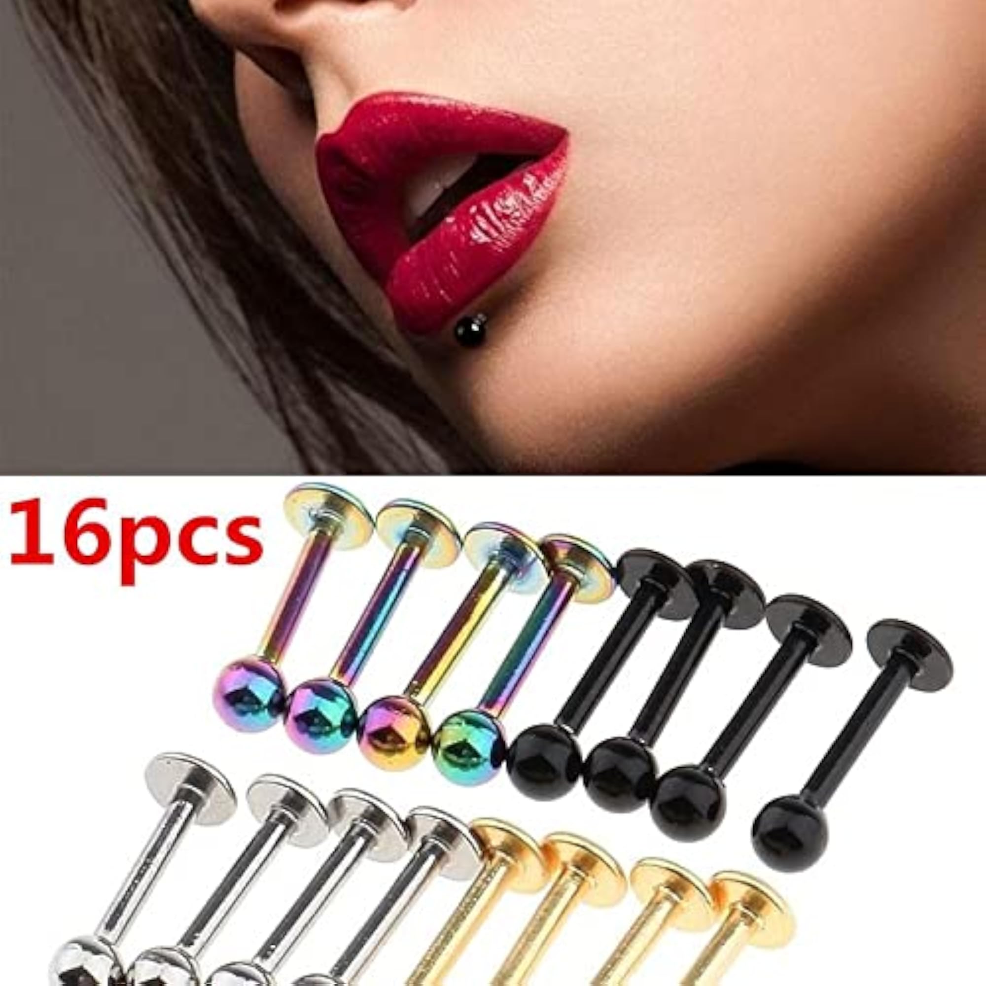 16Pcs 18G Stainless Steel Lip Ring Chin Bars