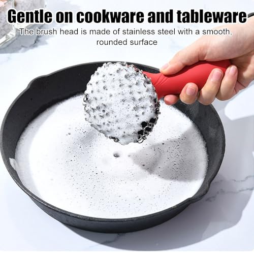 Image of Cast Iron Scrubber, Stainless Steel Chainmail Cleaner with Handle Easy-to-Clean Pot Brush for Pots Pans Plates