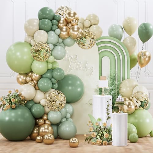 Image of PartyWoo Sage Green Balloon Arch Kit Garland 142pcs Different Sizes of 18 12 10 5 Inch Olive Dusty Boho Green Balloons for Baby Shower Graduation Jungle Woodland Dinosaur Birthday Party Decorations