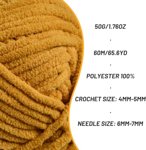 Image of 3 Packs Plush Chenille Chunky Crochet Yarn - Baby Yarn for Crocheting Soft - Velvet Yarn Knitting for Blankets Crafts - Fluffy Amigurumi Yarn 150g / 196.8yds (3 Turmeric)