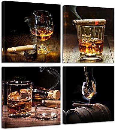 Pyradecor Cigar Wine Whisky Canvas Prints Wall Art Liquor Still Life Pictures Paintings for Kitchen Bar Pub Home Decorations 4 Piece Modern Stretched Ready to Hang Artwork