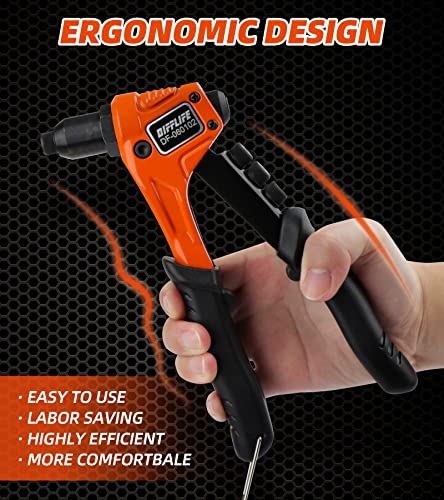 DIFFLIFE 4-in-1 Hand Riveter/Rivet Gun, Pop Rivet with 200 Rivets - 3/32-inch, 1/8-inch, 5/32-inch, 3/16-inch, 4 Interchangeable Nosepieces, Suitable for Metal