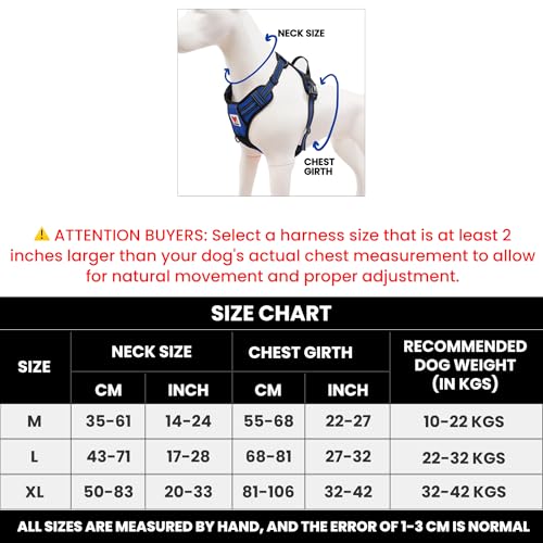 Image of Wooflix Heavy Duty Reflective Dog Harness for Large Sized Breed Dogs - No Pull, No Choke Harness for Dog with Adjustable Chest Belt with Soft Padded Handle | Blue - Size: Large (22kg to 32kg Dog)