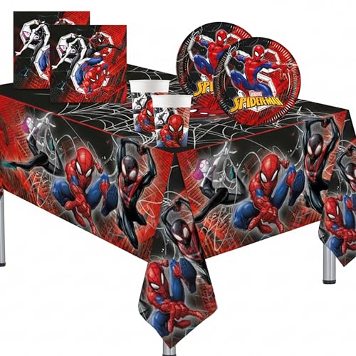 Lage Ensemble de Vaisselle de Fête Spiderman Team Up, Kit Décorations Anniversaire à Thème Super héros – Couverts Jetables pour 8 Invités avec 8 Assiettes, 8 Gobelets, 20 Serviettes, 1 Nappe