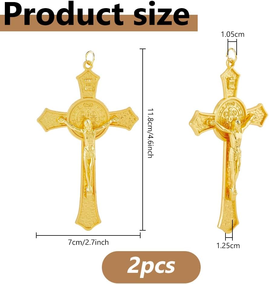 DICOSMETIC 2Pcs 11.8x7cm Metal Crucifix Wall Cross Saint Benedict Wall Crosses Golden Jesus Christ Crucifix Catholic Christian Cross Decor Easter Gifts for Women Men