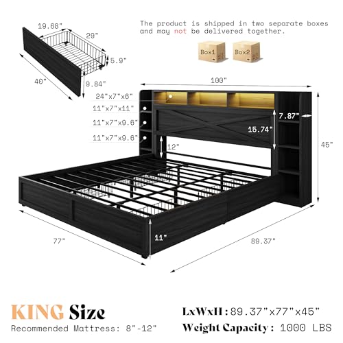 Image of AMERLIFE 45'' Farmhouse King Bed Frame with 4 Drawers, LED Bed Frame with Bookcase Headboard & Side Shelves, Wood Platform Bed with Charging Station, Black